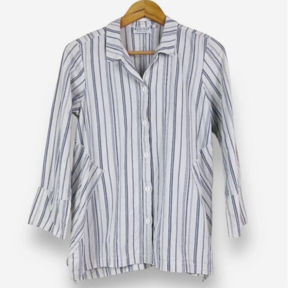 Habitat Size S Button Up Tunic Lagenlook Patch Stripe Gray White